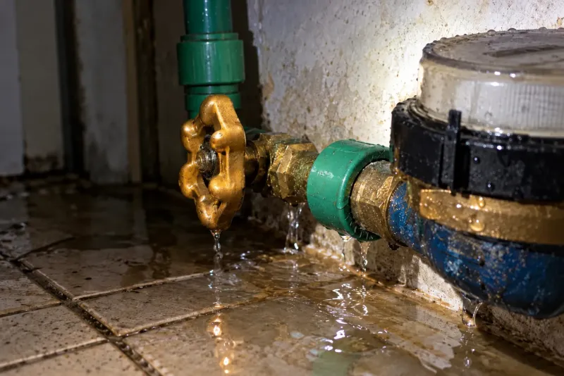 Llave de paso y medidor con agua en el piso después de un caño roto