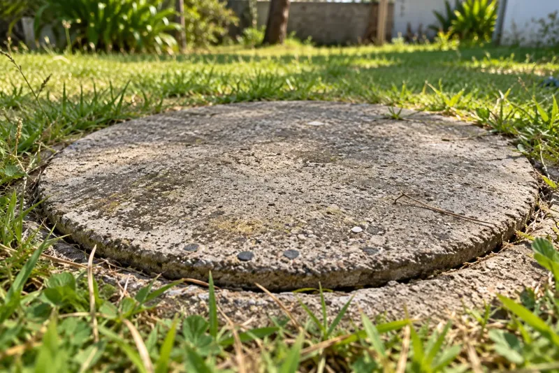 Tapa de pozo negro en el fondo de un jardín